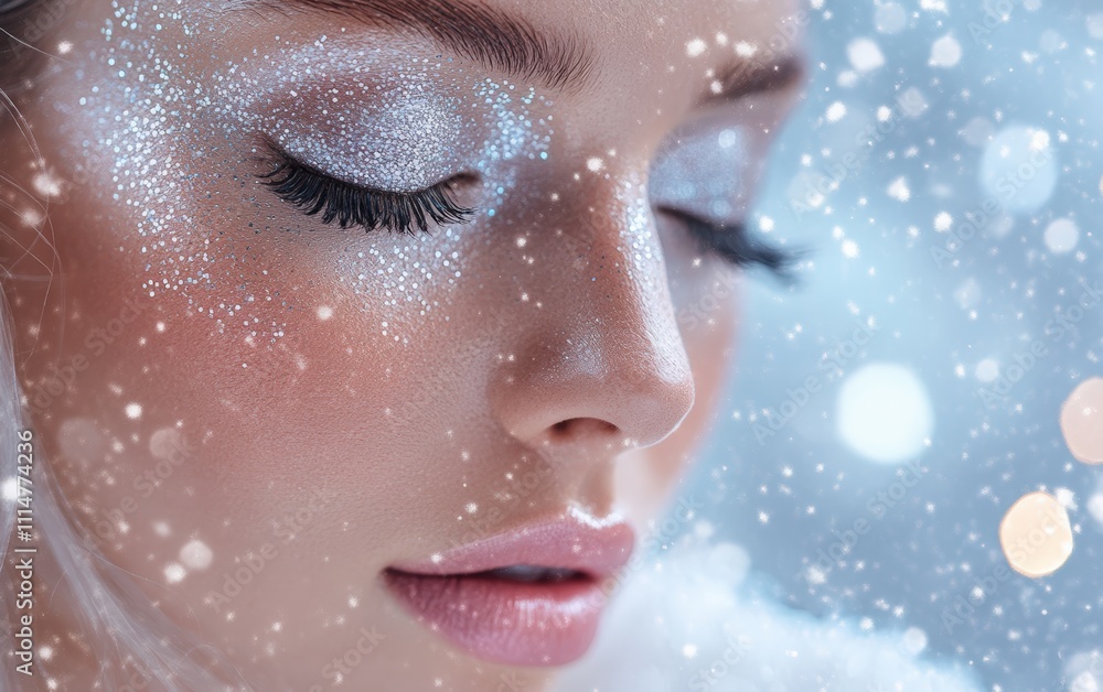 Frosty Glitter Glam A close-up portrait of a woman with shimmering silver glitter eyeshadow, pastel pink lips, and icy highlighter. The background is a snowy scene with softly glowing lights. Frosty Glitter Glam A close-up portrait of a woman with shimmering silver glitter eyeshadow, pastel pink lips, and icy highlighter. The background is a snowy scene with softly glowing lights.