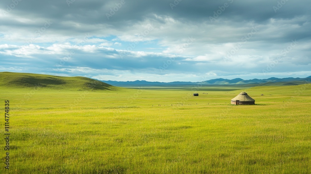 Fototapeta premium Serene Grassland Landscape with Yurts