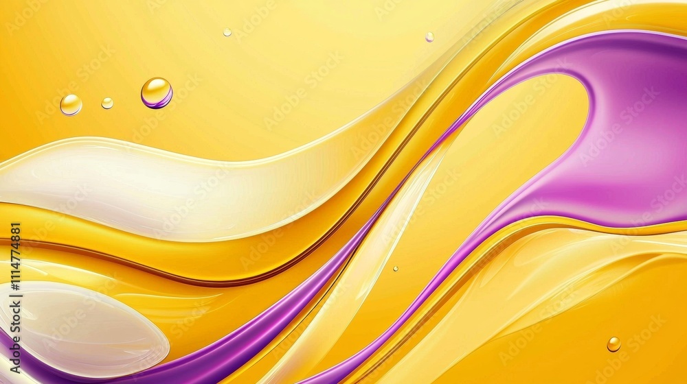 Obraz premium Smooth yellow and purple waves are creating a mesmerizing abstract pattern, with floating spheres adding a touch of magic to the composition, ideal for modern and stylish projects