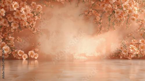 Create a weddingthemed interior wall background with a sophisticated design The wall features a soft peach color with an elegant floral pattern decorated with delicat photo