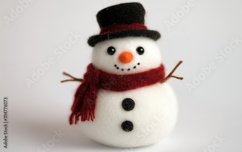 Snowman Plush Toy A soft and fluffy snowman plush toy with a red scarf, a tiny carrot-shaped nose, and a felt top hat, sitting on a clean white background.