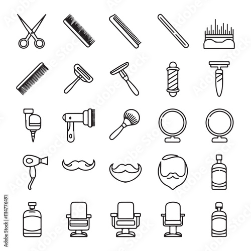 30 Minimalist Barbershop Tool Outline Icons: Scissors, Razors, Combs, and Classic Grooming Symbols