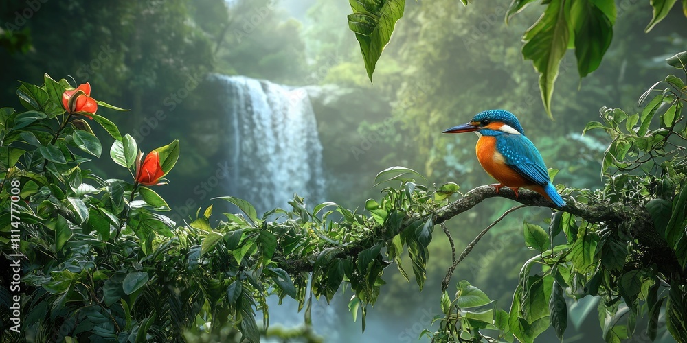 Obraz premium A small bird hops from branch to branch near a powerful waterfall, its colorful plumage contrasting with the lush green foliage in the vibrant forest scene.