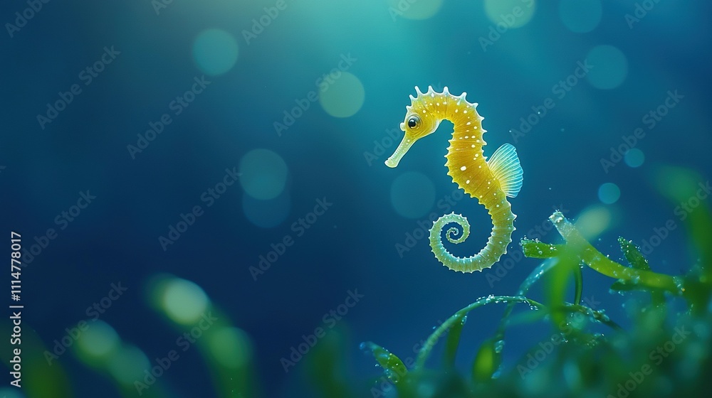 Sea horse atop lush green sea grass with droplets of water on sunny day Sea horse atop lush green sea grass with droplets of water on sunny day