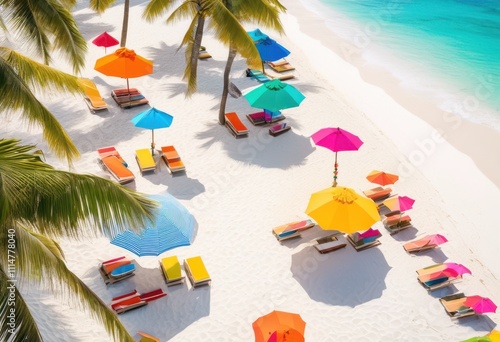 vibrant beach scenes featuring colorful cocktail flatlays bright lush soft white sand under clear blue skies, umbrella, palm, sky, drink, summer, tropical photo