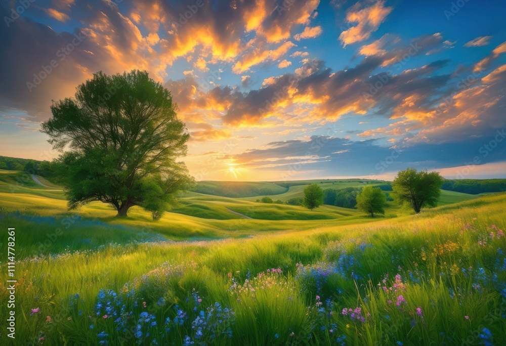 Fototapeta premium enchanting dramatic cloud patterns over picturesque serene landscapes under vivid blue skies lush green meadows, sky, scenery, daylight, panorama, view