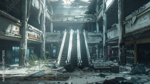 Abandoned Mall Interior: A wide shot of an abandoned mall interior with broken escalators and dark, empty stores, symbolizing the collapse of consumer-driven spaces.
