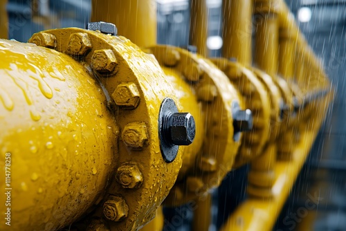 Yellow gas pipes with flanges and bolts getting wet in the rain photo