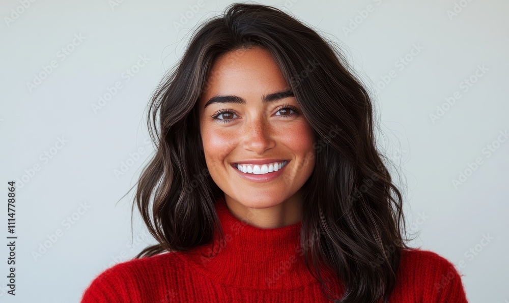 An isolated photo of a tanned brunette woman with dark hair, wearing a red casual sweater and smiling pleasantly. She is in a good mood. The brunette celebrates her positive moment An isolated photo of a tanned brunette woman with dark hair, wearing a red casual sweater and smiling pleasantly. She is in a good mood. The brunette celebrates her positive moment