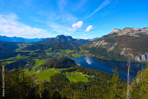 Breathtaking Alpine Landscape of Altaussee Lake, Bad Aussee and Surrounding Mountains photo