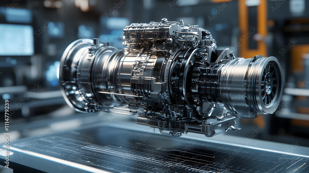 Fototapeta premium Engineering designer design 3D CAD software program Industrial engine model mechanical dimensional digital manufacturing factory engineer computer screen. 3d rendering.