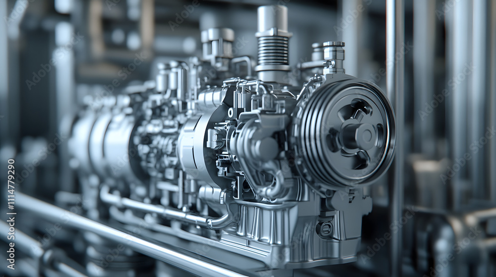 Fototapeta premium Engineering designer design 3D CAD software program Industrial engine model mechanical dimensional digital manufacturing factory engineer computer screen. 3d rendering.