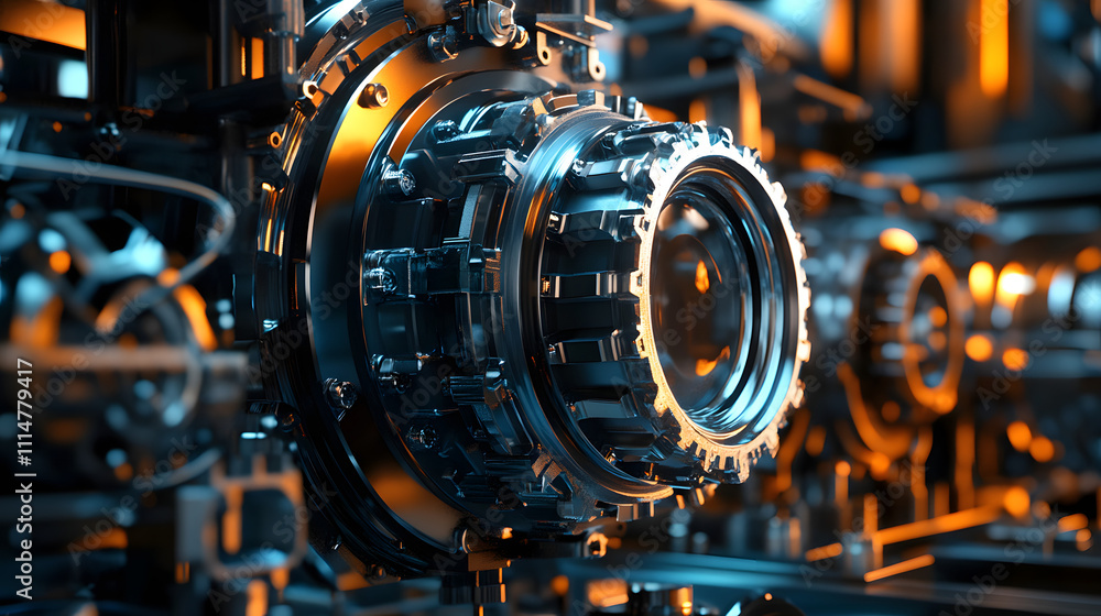Fototapeta premium Engineering designer design 3D CAD software program Industrial engine model mechanical dimensional digital manufacturing factory engineer computer screen. 3d rendering.