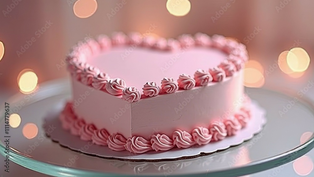 Heart-shaped pink frosted cake with decorative swirls and bokeh lights Heart-shaped pink frosted cake with decorative swirls and bokeh lights
