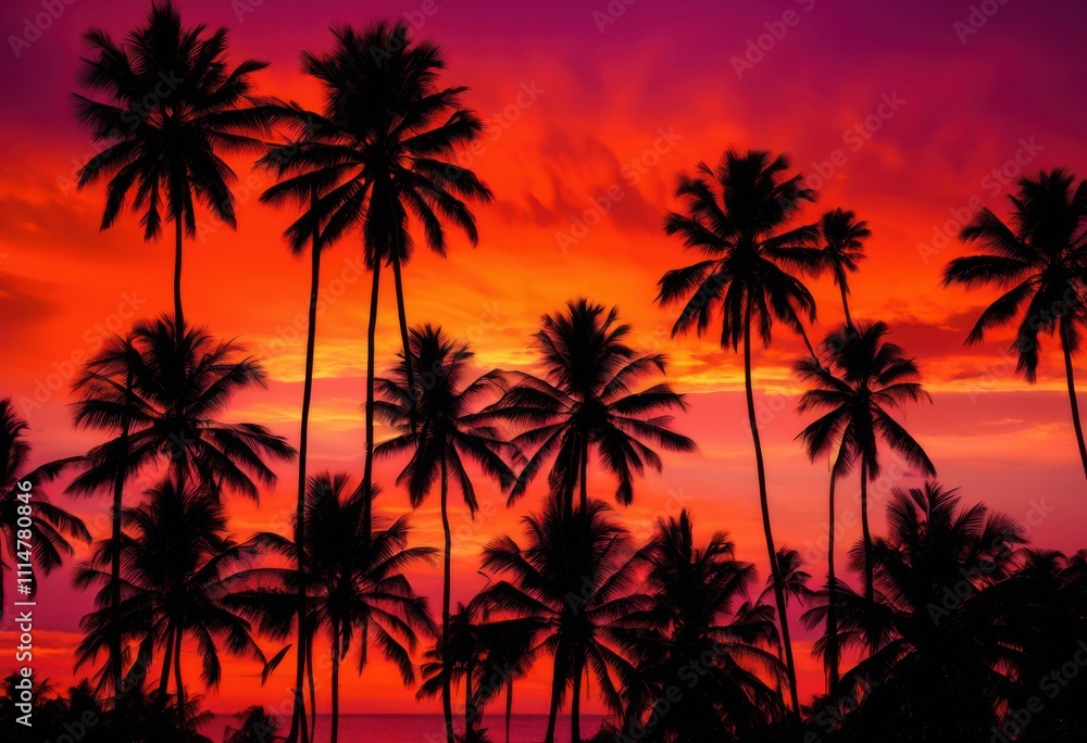 Obraz premium striking vibrant palm tree silhouettes perfect graphic design applications creative projects, tropical, nature, background, vector, sunset, landscape, art