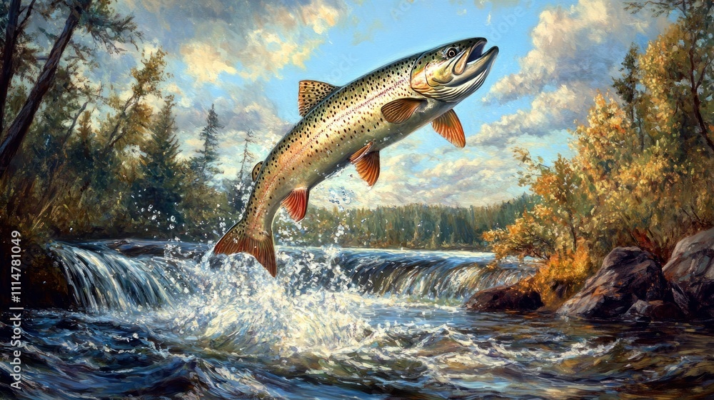 Fototapeta premium Rainbow trout jumping out of the water in a river, Capturing beauty of nature