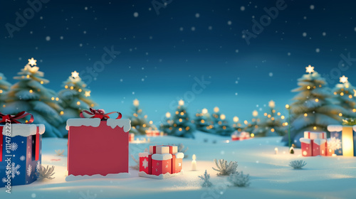 Christmas background with gifts and decorations, a forest landscape on snow under a night sky, vector illustration for a greeting card or poster design
