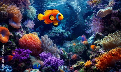 Wallpaper Mural Colorful fish swim among vibrant coral reefs and sea anemones in a clear, blue ocean. The underwater scene is full of life and showcases the beauty and diversity of marine ecosystems. Torontodigital.ca