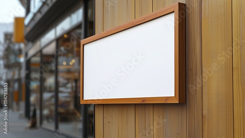 blank rectangular store signage design mockup isolated wood badge clear shop template firmly attached on the wall outside, signboard for logo presentation of restaurant photo