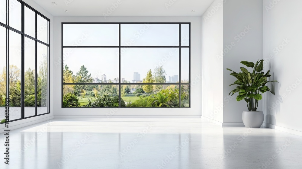 Fototapeta premium Modern apartment interior with white walls and a panoramic yard view