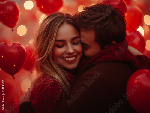 Walentynki - Zakochana para wśród czerwonych balonów