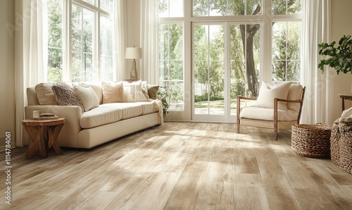 Natural light floods through the windows highlighting the warm tones of the LVT flooring and the natural wood elements in the room