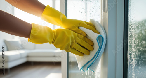 Professional cleaning of a glass window in a modern office or home interior. A person wearing yellow rubber gloves is diligently cleaning a glass window or door in a contemporary space.