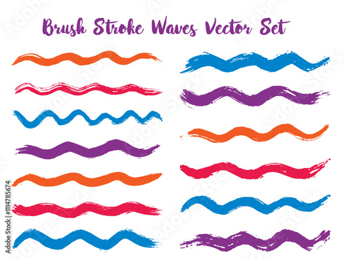 Vintage brush stroke waves vector set. Hand drawn blue red brushstrokes, ink splashes, watercolor splats, hand painted curls. Color combinations catalog elements. Textured waves, stripes design.