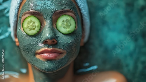  Person enjoys spa day with rich, earthy mud mask on face, cucumber slices on eyes, evoking detoxifying relaxation and wellness care. photo