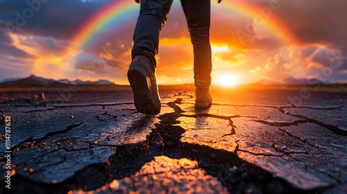 Close up of a cracked road filled with deep potholes, barriers ahead, a determined figure walking toward a rainbow lit horizon, symbolizing triumph over adversity photo