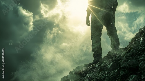 Close up of a traveler standing at the foot of a rockslide, sunbeams piercing through the clouds, capturing a moment of struggle and ultimate success photo