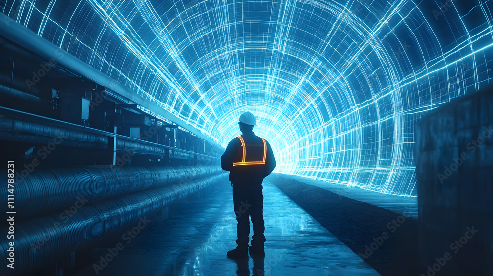 Fototapeta premium AR Concept: Industrial Engineer Uses Augmented Reality Digital Tablet to Scan Large Metal Construction, Special Effects Show Visualization / Digitalization of Oil, Gas and Fuel Transport Pipeline.