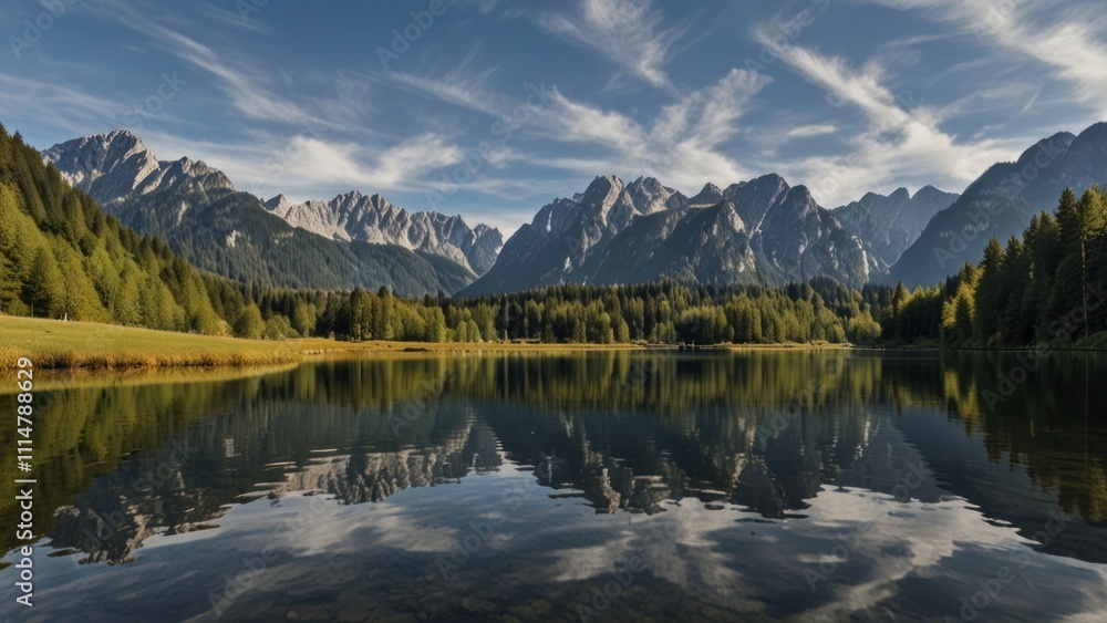 Serene mountain lake reflecting sky and peaks. Serene mountain lake reflecting sky and peaks.