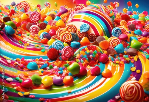 vibrant candy explosion colorful packaging featuring chewy treats all ages, lollipop, gummy, bright, wrapper, sweet, delight, tasty, bundle, container
