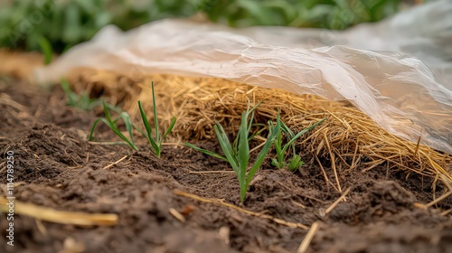  Young green sprouts emerging from soil under protective straw mulch and plastic covering, symbolizing growth and sustainable farming. photo