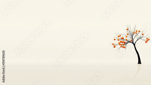   An image of a solitary orange tree against a plain white backdrop with reflections on the surrounding landscape