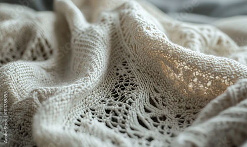 The closeup of a handknitted shawl showcasing the intricate lacelike stitches and the delicate d of the fabric. photo