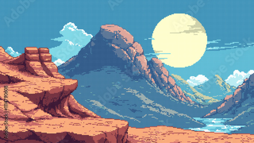 pixel art game level background, mountain landscape, alien view. 8bit retro arcade game. vector illustration