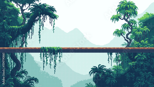 pixel art game level background, tropics, bridge over jungle, thicket. 8bit retro arcade game. vector illustration