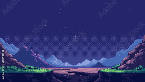 pixel art game level background, space, planet surface, starry sky, mountains. 8bit retro arcade game. vector illustration