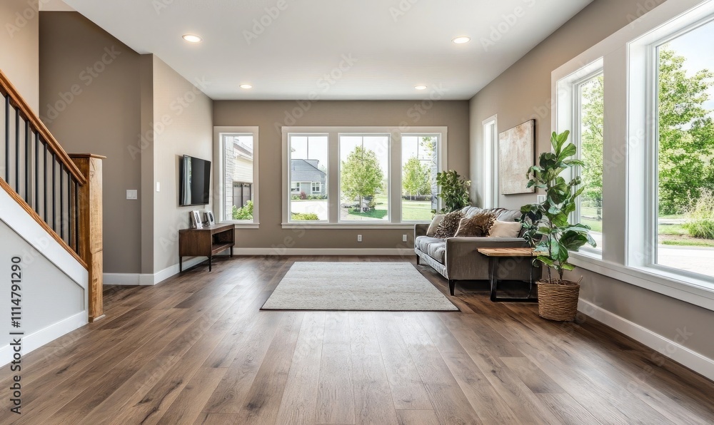 Fototapeta premium Natural light floods through the windows highlighting the warm tones of the LVT flooring and the natural wood elements in the room
