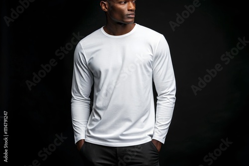 White Longsleeve Mockup on Black Background, Ideal for Branding, Fashion Design, or Product Presentation.