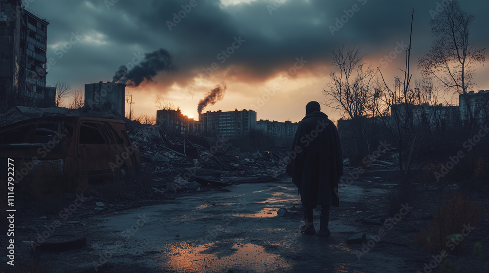 Fototapeta premium Post-Apocalyptic Urban Scene with Lone Figure and Smoke-Filled Sky