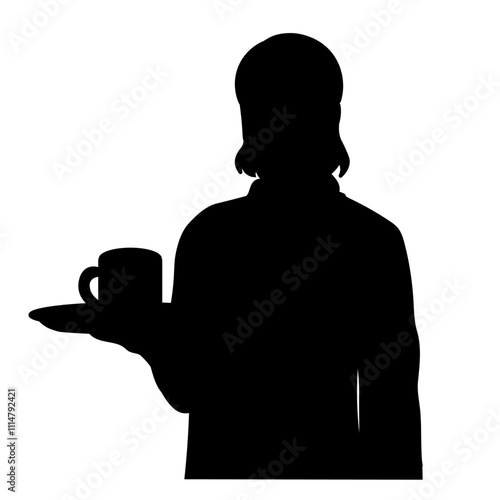 コーヒーカップを運ぶ女性カフェ店員のシルエット