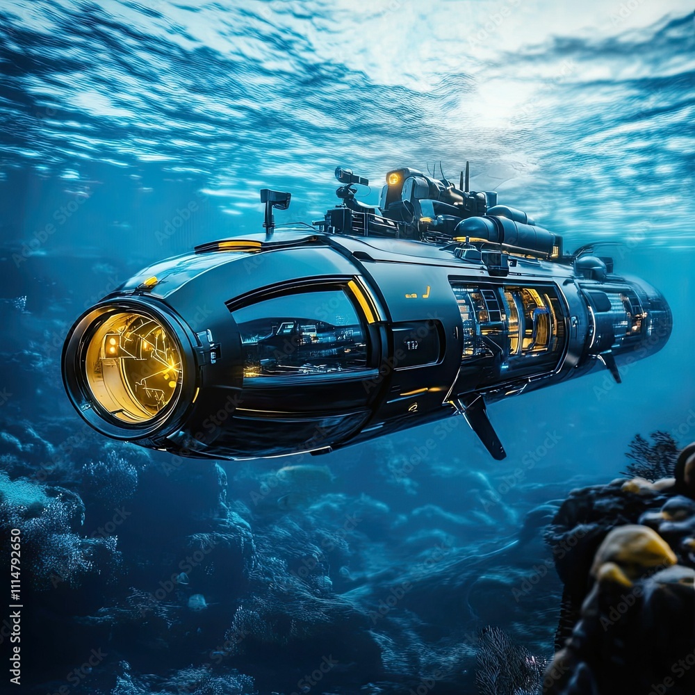 Futuristic submarine, underwater, ocean floor. Futuristic submarine, underwater, ocean floor.