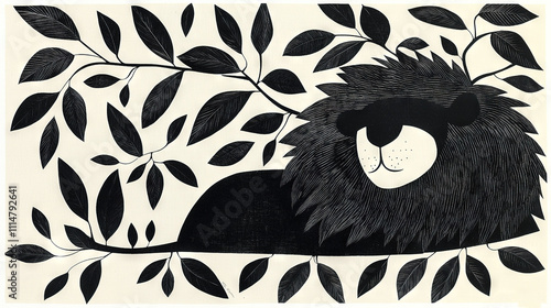   A monochromatic depiction of a feline lounging on a treetop with its noggin atop another branch