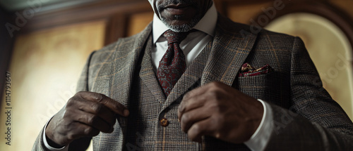 Elegant Man Adjusting His Tweed ThreePiece Suit Jacket photo