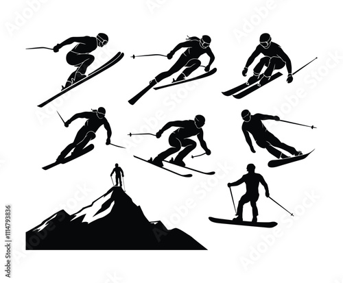 Elegant Skiing Poses Silhouettes Vector Design