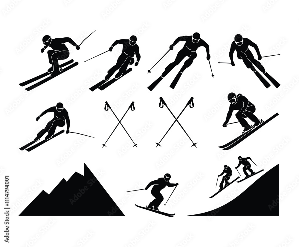 Naklejka premium Elegant Skiing Poses Silhouettes Vector Template