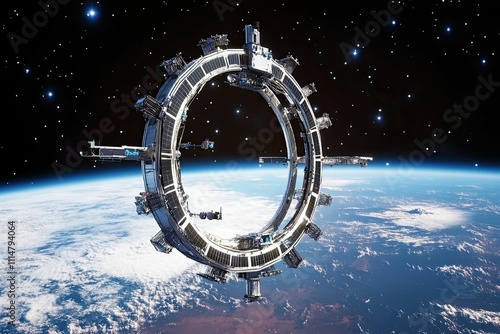 Fototapeta Naklejka Na Ścianę i Meble -  Orbital ring station, Earth, stars, space, craft.